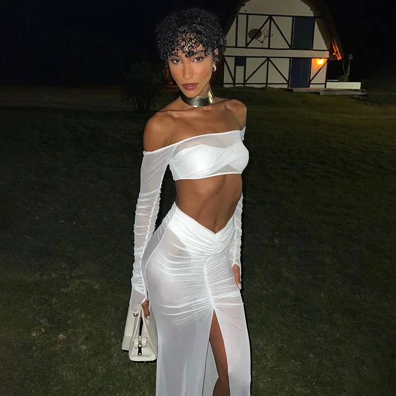 White Mesh Skirt Set Women Strapless Crop Top and Maxi Skirt Outfits Summer Sexy See Through Club Party Holiday 2 Piece Set 2024