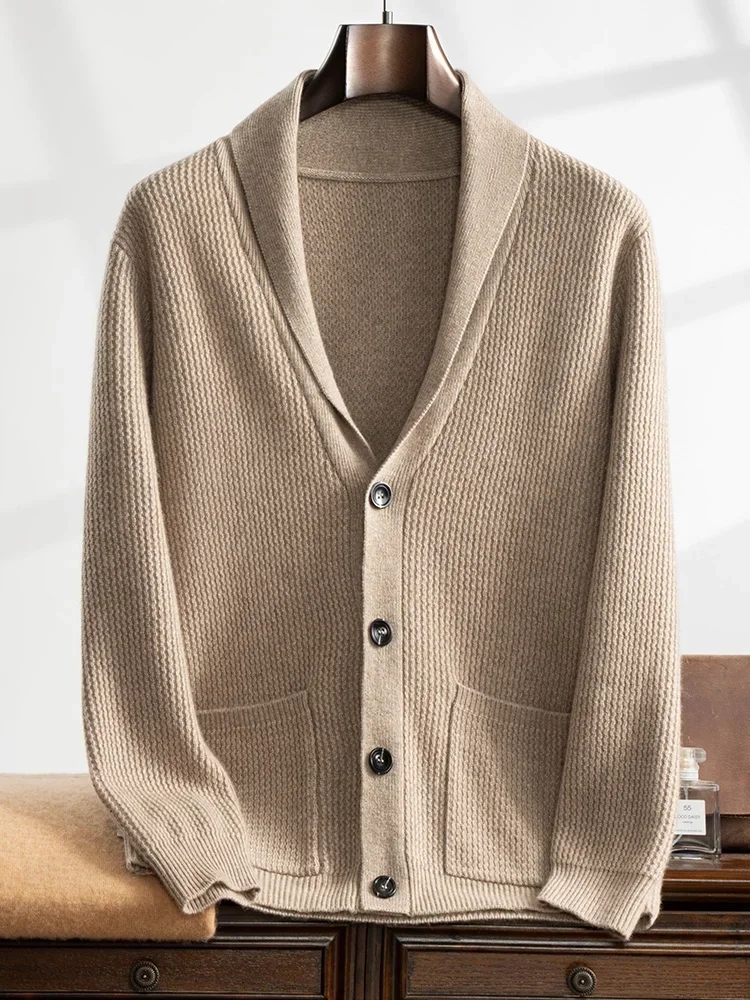 Autumn Winter New Thickened A-class 100% Pure Cashmere Coat Men's Green Fruit Neck Knitted Cardigan Business Casual Base Shirt