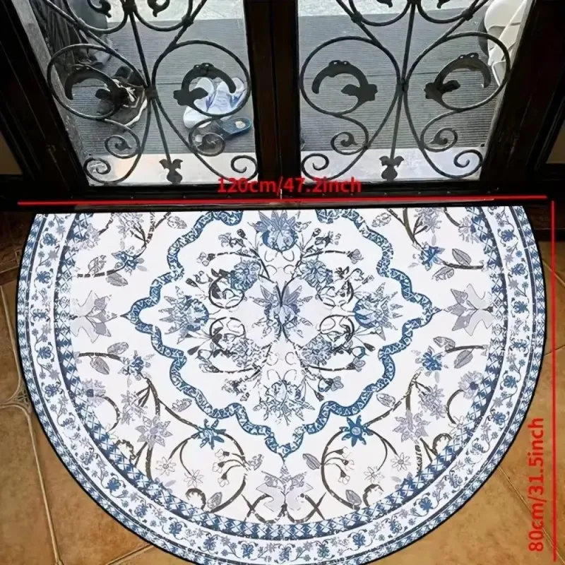 VIKAMA Blue White Porcelain Floral Semi Circle Door Mat Noise Reduction Non Slip Entryway Machine Washable Mat Home Decor