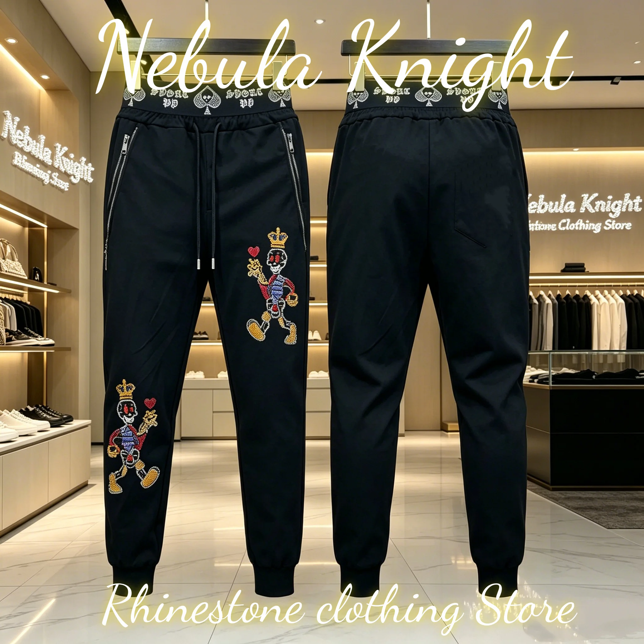 Men Luxury Rhinestone Decor High Elastic Waist Sweat Trousers Zipper Pocket Streetwear Casual Pants Summer Daily Fashion Jogger