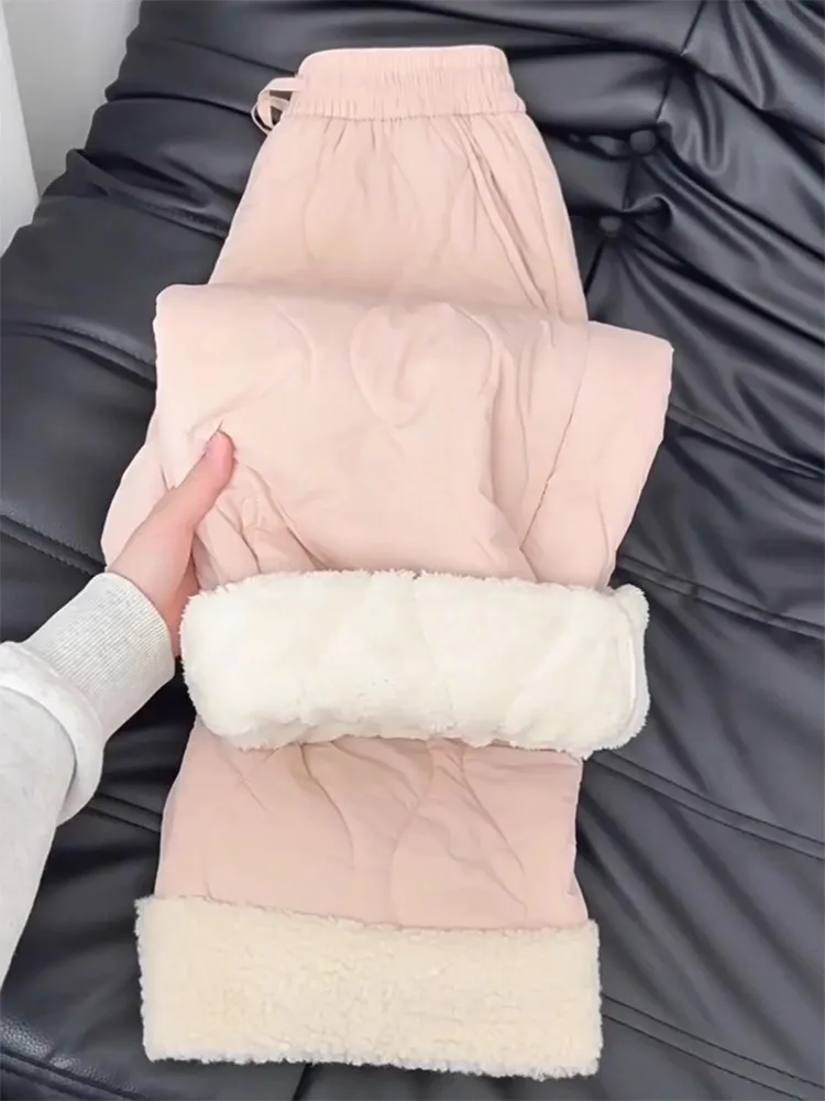 

Thiened Pink Lamb Velvet Pants Men Women Autumn Winter Outdoor Wear Resistant Cold Cotton Trousers Straight Leg Casual Pants