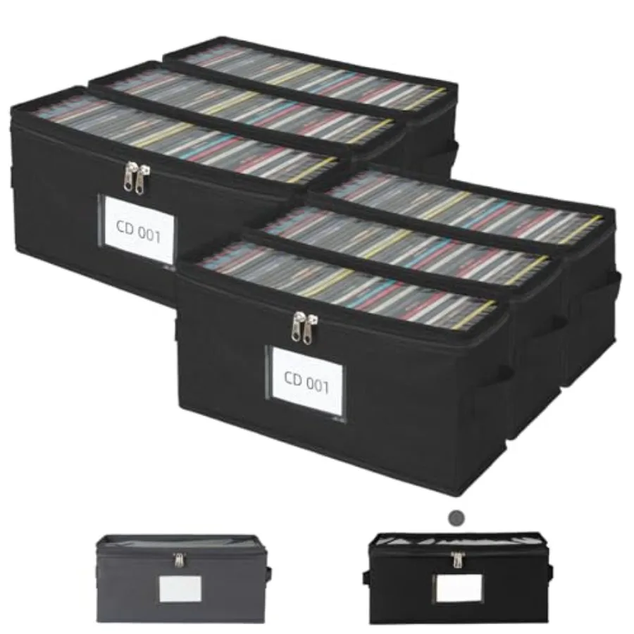 

6 Pack Fabric CD Storage Box with Clear PVC Lid Holds 35 Standard CD Cases Zipper Closure for Dust Protection Portable CD Organ