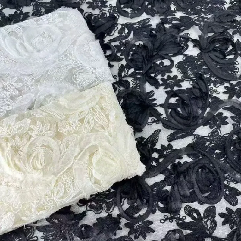 刺繍レーストリム生地-ポリエステルリボン-花柄リーフ-立体刺繍-ヴィンテージ-シアー-ソフト-ドレス-ガウン-diy縫製用