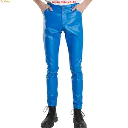 2026 Bright Green Men's Biker Leather Pants, Fashion Slim Stretch PU Pants Red Blue Black Gray Men Pant Plus Size 28-36 38 40