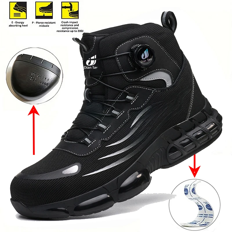 Dian Sen Rotating Button Safety Shoes Man Boots Anti Smash Anti-Puncture Steel Toe Safety Work Shoes Breathable Work Boots ﻿