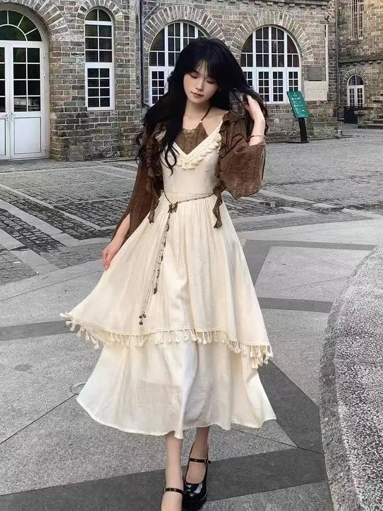 New Aesthetics Chinese Style Elegant Suit Woman Korean Fashion Set Casual Crop Tops + Irregular Sleeveless Tassels Dress Chic - view 3