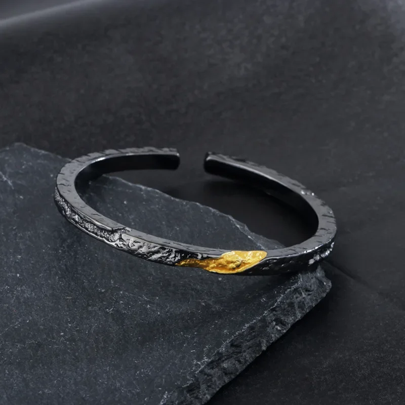 Flowing Fire Open Cuff Bracelet Minimalist Black Stainless Steel Mens Jewelry with Gold Accents Adjustable Wristband