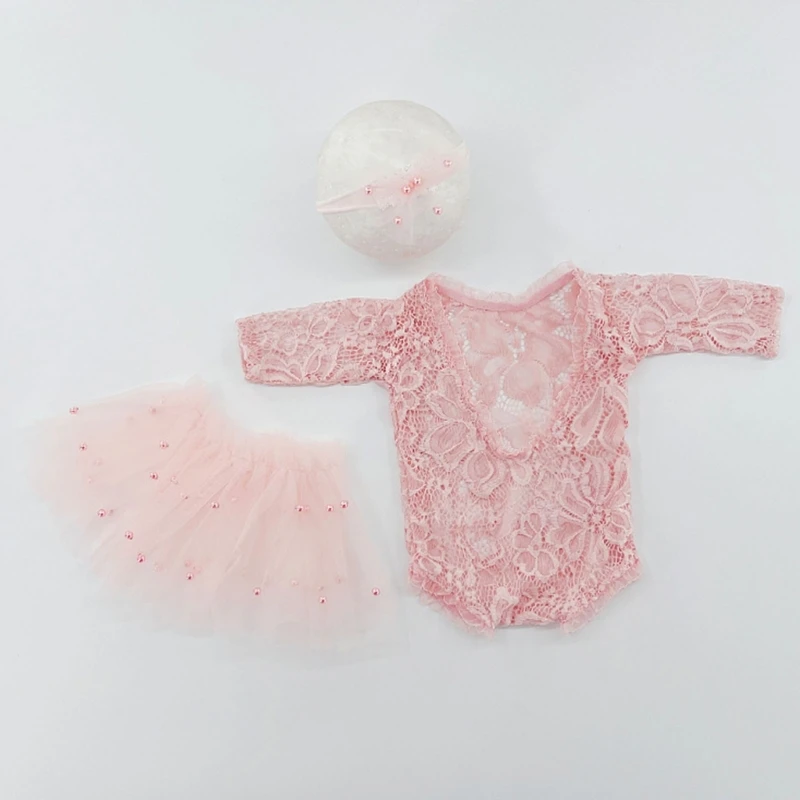 Pasgeboren Foto Props Hoofdband & Tule Kanten Jurk Baby Fotografie Kleding Baby Hoofdtooi Romper voor Jongens Meisjes D5QA