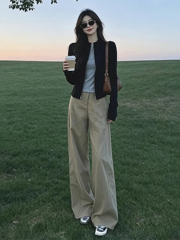 High Waist Loose Straight Leg Jeans Women's Design Sense American Khaki Wide Leg Jeans Knife  Slimming Jeans