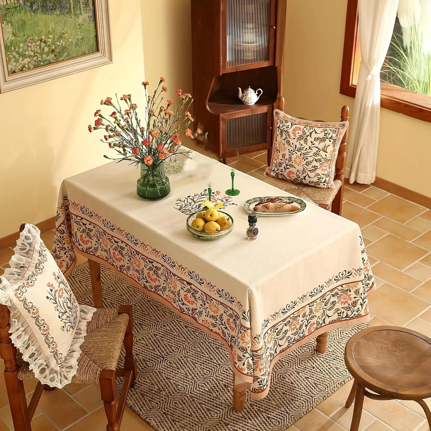 One linen double-patterned tablecloth - machine washable rectangular table cover
