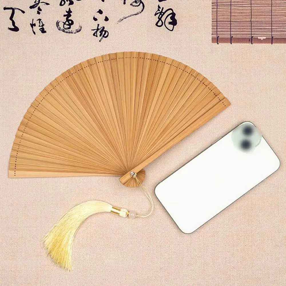 Chinese Style Solid Color Bamboo Fan Exquisite Retro Tassel Folding Fan with Random Tassel Portable Elegant Handheld Fans