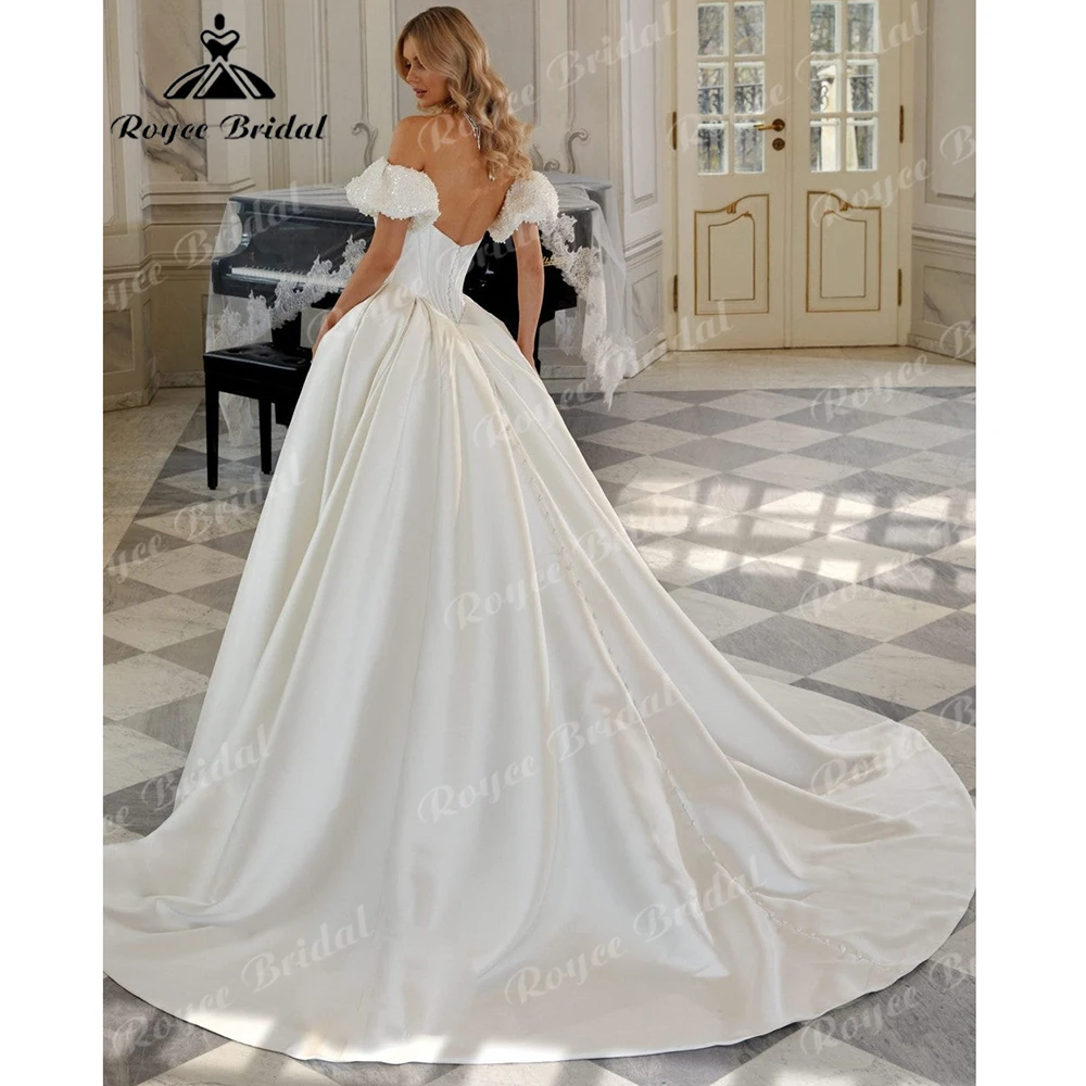 Off The Shoulder Satin Ball Gown Wedding Dress Pleated Corset Bodice  Detachable Sparkly Puff Sleeve Bridal Gown Customized
