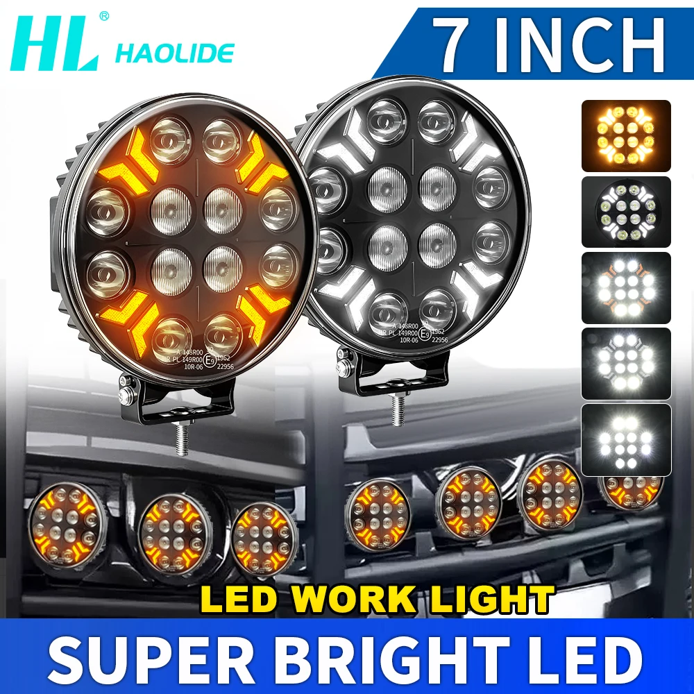 

HAOLIDE 7 inch Round Led Work Light Yellow White DRL Light E9 Welcome Light Off Road Combo Beam For Tractor Truck 4X4 Off-road