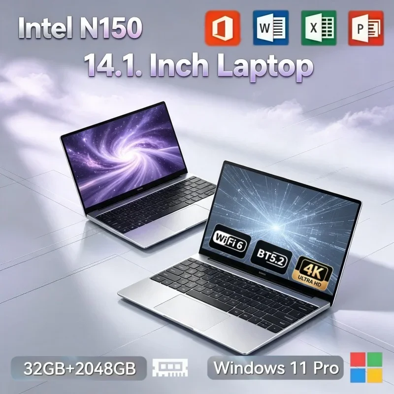 14.1 Inch Ultra‑Slim Value‑for‑Money Laptop Intel N150 Windows11 32GB RAM 2TB SSD Portable Notebook PC For Study Home Office