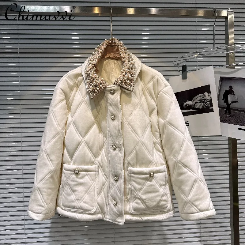

2025 Winter Clothes New French Style Pearl Collar Quilted Cotton Velvet Jackets Heavy Long Sleeve Warm Elegant Women's Coat