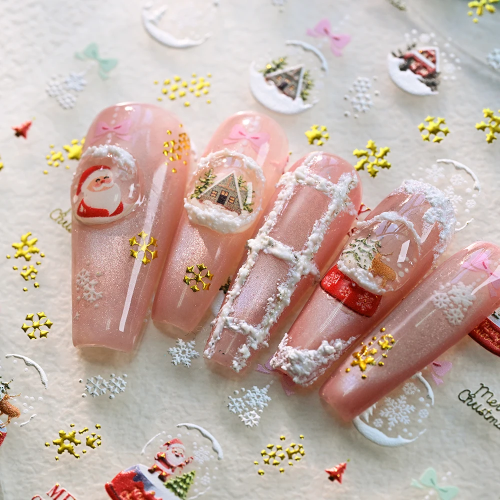 1 unidad de pegatinas 5D para uñas de dibujos animados de muñeco de nieve y Papá Noel, árbol de Navidad de invierno, calcomanías para decoración de uñas con copos de nieve, deslizadores de oso de jengibre para hombre