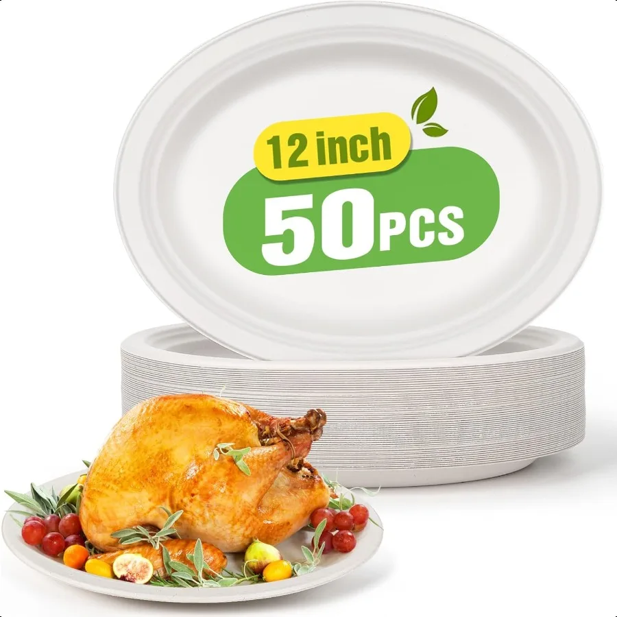 

100 компостируемых овальных бумажных тарелок 12,5 дюймов, 50 упаковок, большие сверхпрочные экологически чистые тарелки из волокна сахарного тростника, биоразлагаемые для вечеринки