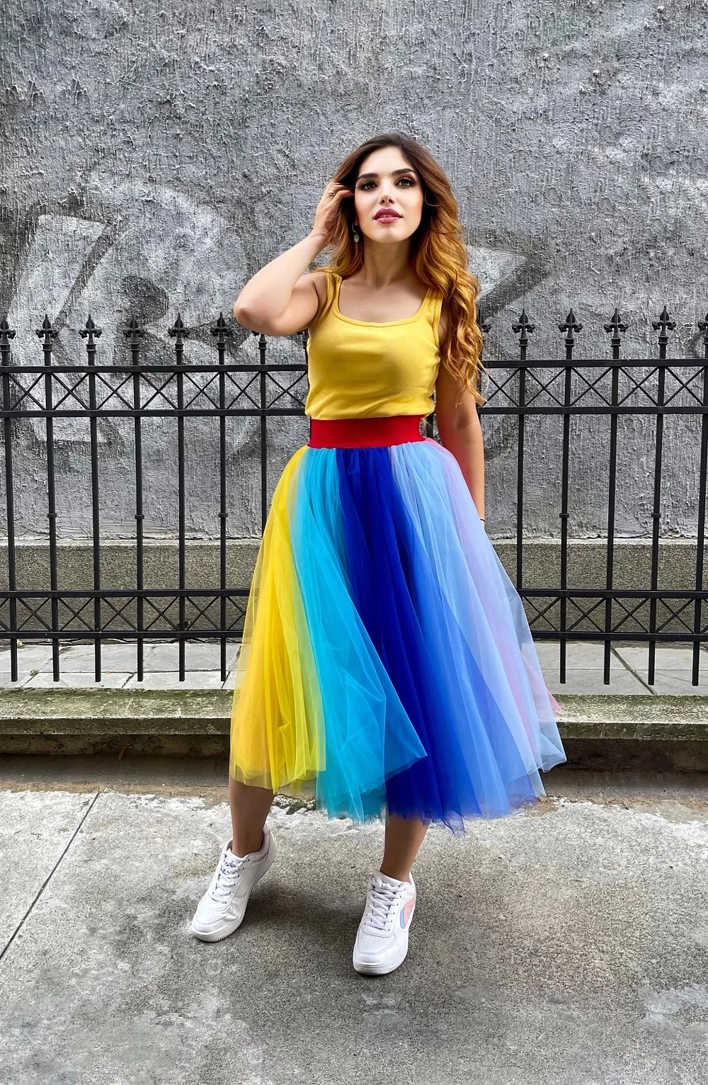 

Rainbow Tulle Skirts Multicolor Patchwork Elastic Waist Tutu Skirts A Line Knee-Length Cosplay Party Petticoat Carnival Costumes