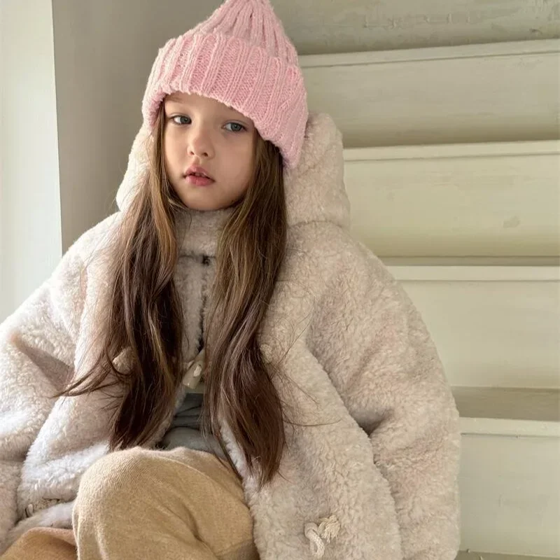 Girls Coat 2024 Winter New Childrens Clothes Korean Style Baby Girl Horn Buckle Medium Long Fur Coat Casual Simple Daily