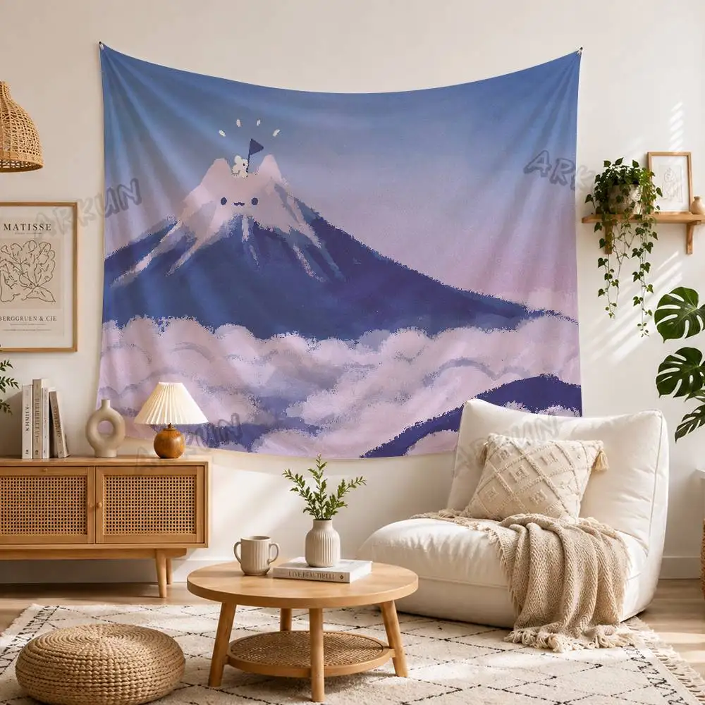 Cute Cartoon Mount Fuji Tapestry, Kawaii Smiley Mountain Above Clouds Wall Hanging, Soft Pastel Sky Landscape Wall Bedroom Decor