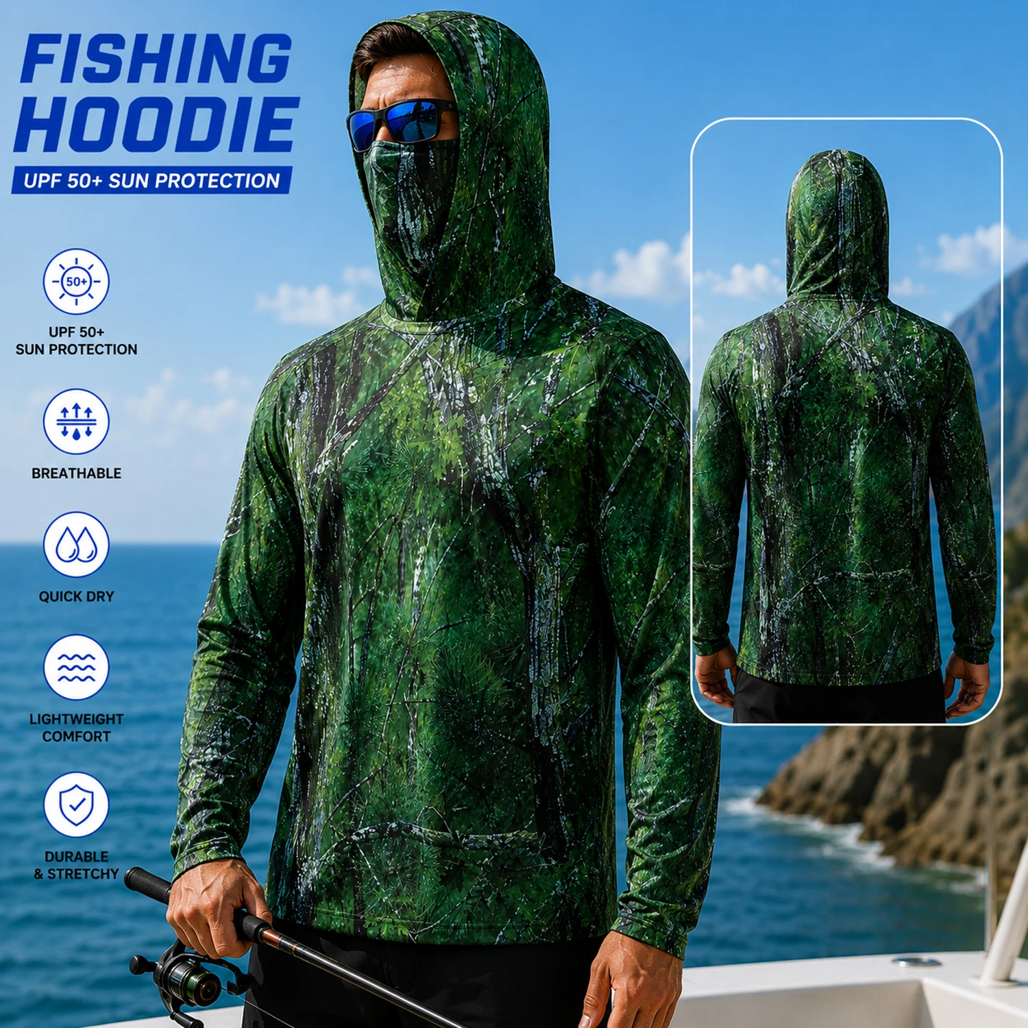 UPF 50+ Hooded Fishing Shirt for Men | Quick Dry Long Sleeve Sun Protection Hoodie with Built-in Face Cover