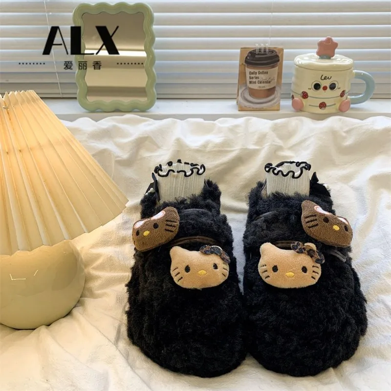 

Kawaii Sanrio, милая и пушистая студенческая обувь с героями мультфильмов, удобные зимние тапочки «Hello Kitty», обувь для улицы, подарок для девочек