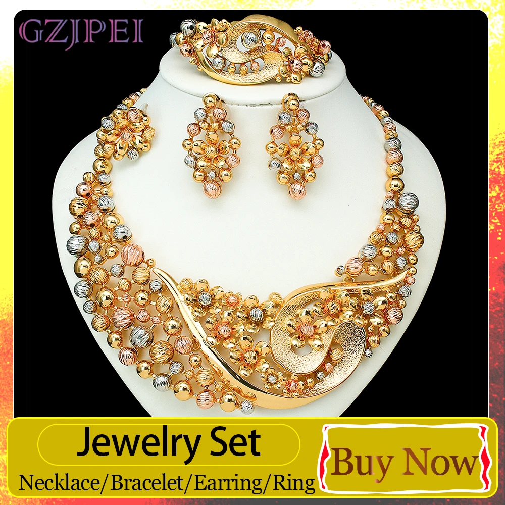 GZJPEI 2026 New Luxury Jewelry Set For Women Tri-color Flower Design Hand-carved Jewelry Great Gift Choice For Mom Wife Friends