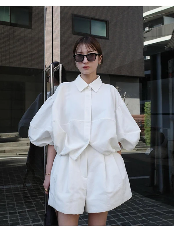 

Slimming Effect Lantern Sleeveless Shirt Women's Casual Style Original Design Polyester Fabric round Neck Five-Quarter Length