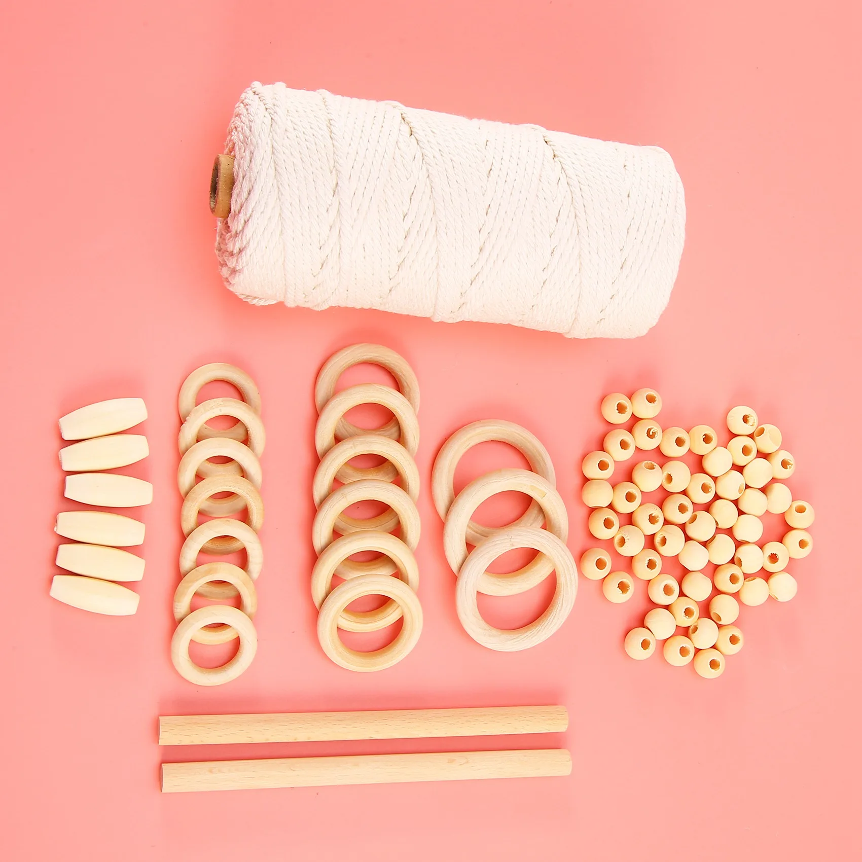 CQMF-Macrame Cord Natural Cotton Rope 3Mm With Wood Ring Wood Stick For DIY Teether Macrame Kit Wall Hanging Plant Hanger
