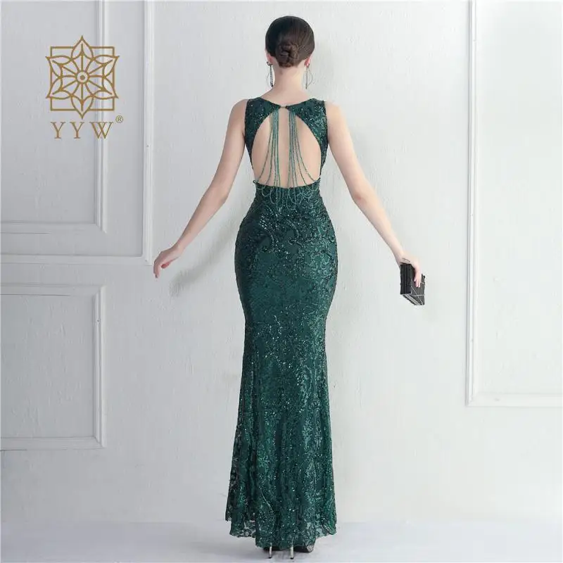 Sexy Backless Long Evening Dress Vintage Green Beads Mermaid Elegant Party Cocktail Dresses Sleeveless Bling Sequined Dresses