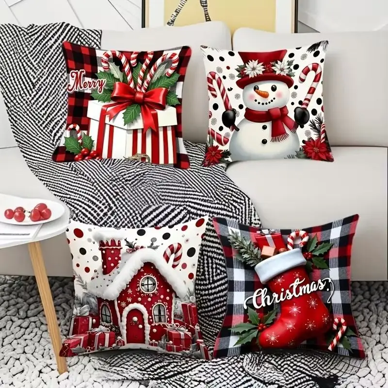 VIKAMA 4Pcs Christmas Pillow Covers Snowman Candy Cane Print Cushion Cases Festive Sofa Decor Holiday Home Decor No Insert