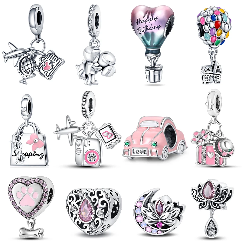 925 Sterling Silver Charms Pink Truck suitcase Heart Diamond Hot Air Balloon Fits Pandora Bracelet Women DIY Jewelry Hot Gifts