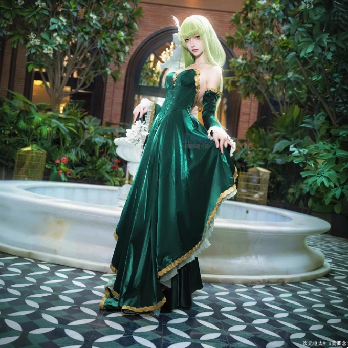 

CODE GEASS Lelouch of the Rebellion C.C.Cosplay Costume Halloween Carnival Deep Blue Women Sexy Floor length Skirt Wig Prop Set