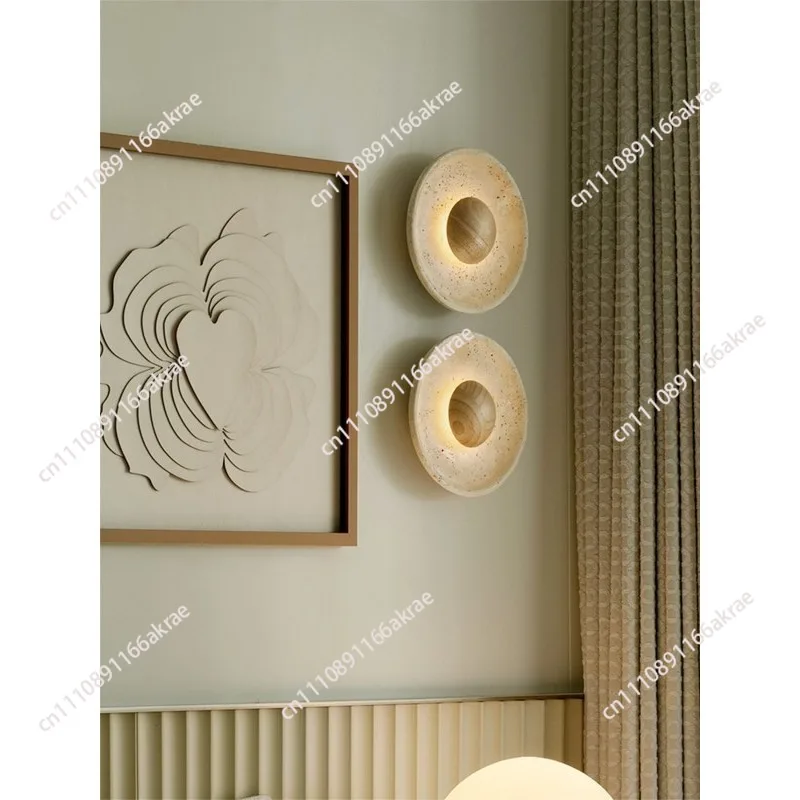 for Medieval yellow travertine round wall lamp retro bedroom bedside atmosphere Japanese-style wabi-sandy wind lamp