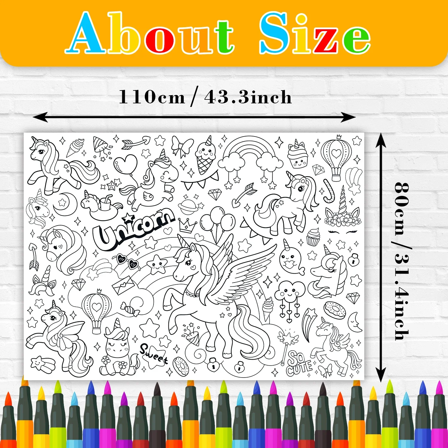 110x80cm 어린이를위한 유니콘 색칠하기 책 색칠 포스터 소년을위한 대형 색칠 식탁보 소녀 유니콘 생일 파티 Supplie