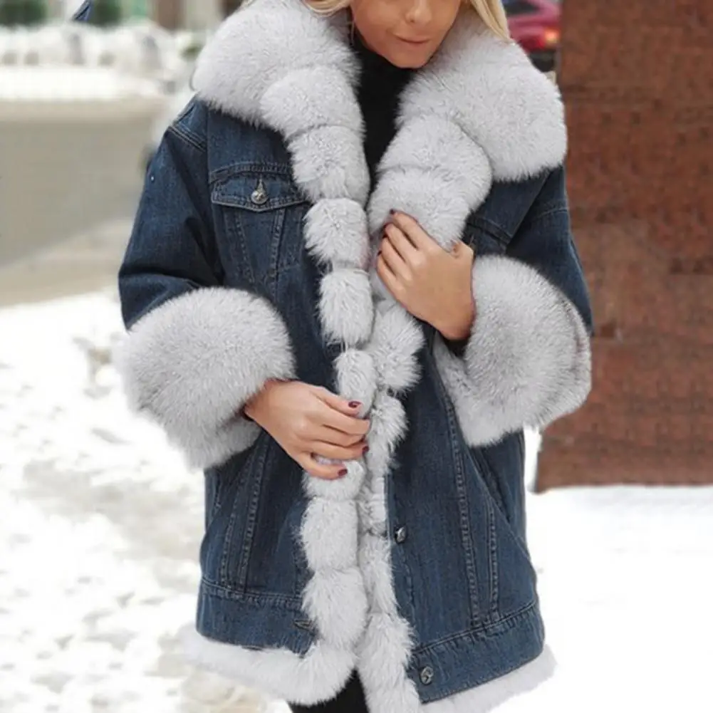 Winter Women Denim Jacket Color Matching Long Sleeves Faux Fur Trim Outerwear Mid Length Windproof Outdoor Coat With Pockets