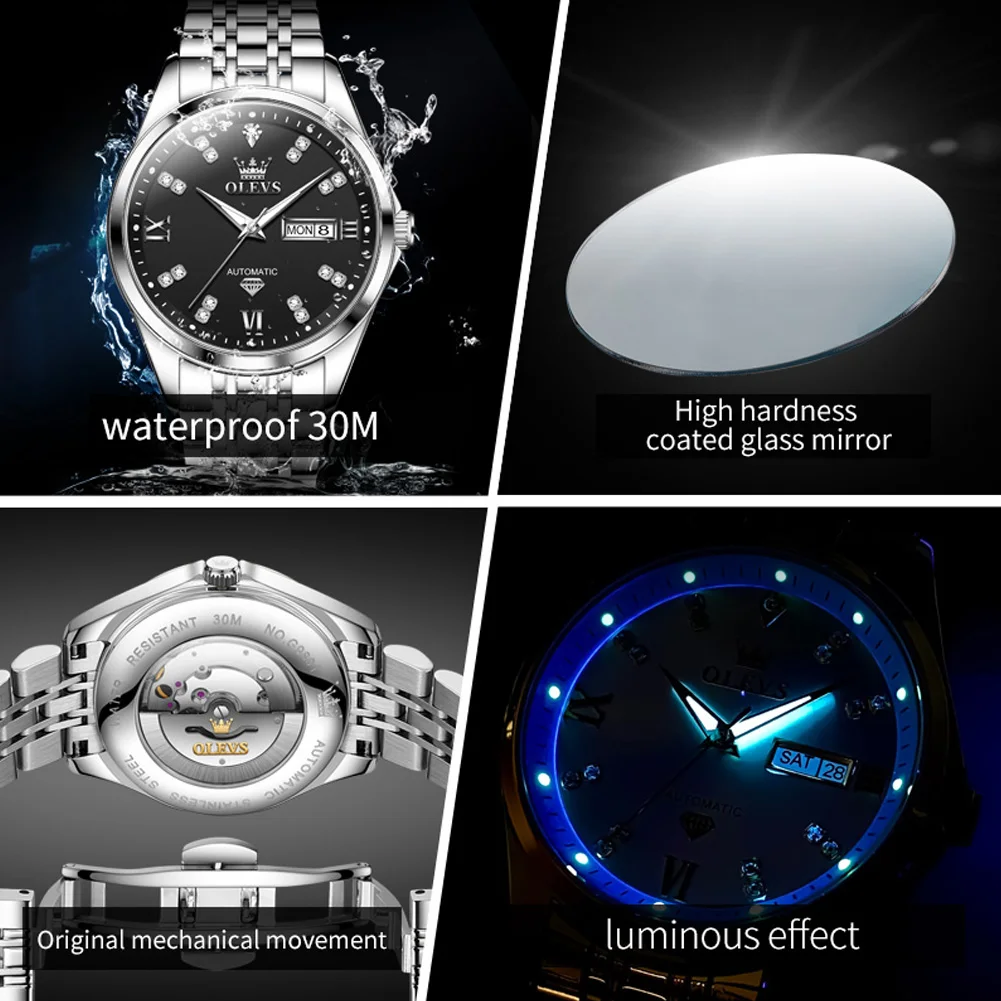 OLEVS Brand Luxury Automatic Mechanical Watches Couple Wristwatch Stainless Steel Waterproof Luminous Fashion Diamond ﻿Watches