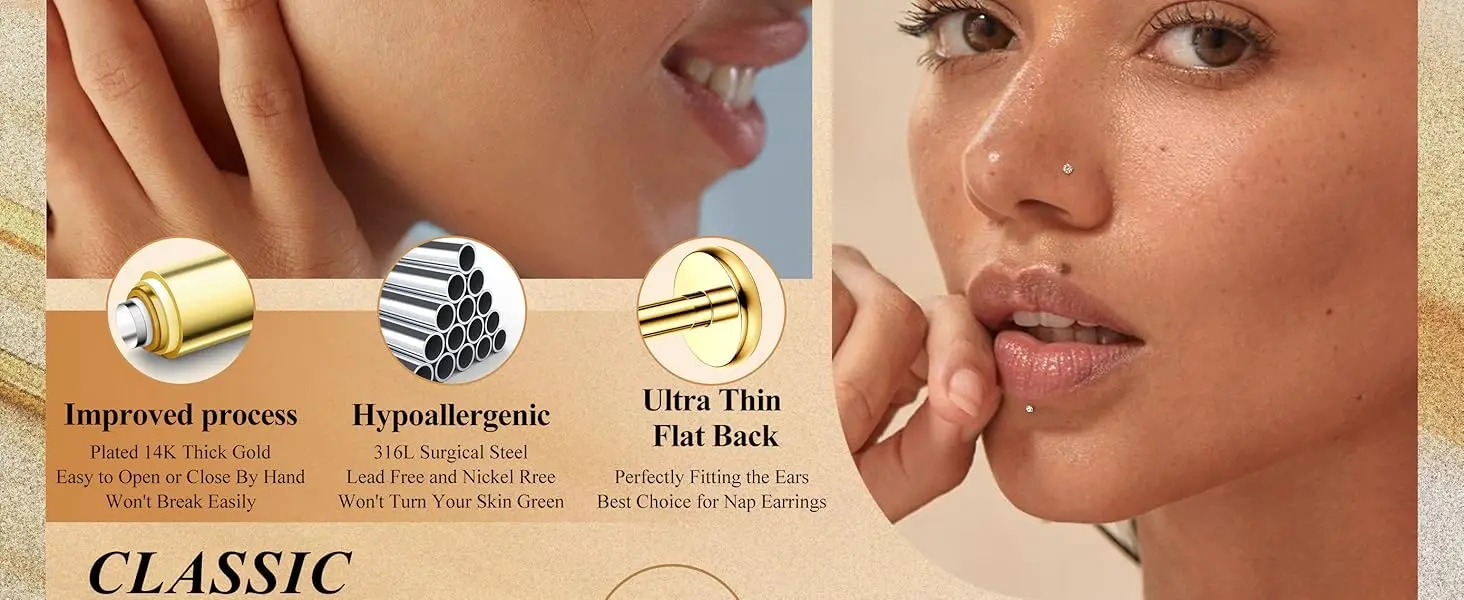 12 Pairs 316L Surgical Steel Flat Back Studs Hoop Earrings for Women Men CZ Stud Earrings Nose Stud Helix Piercing Jewelry