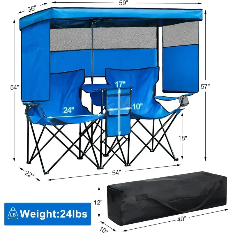 Heavy Duty 2-Person Folding Loveseat Beach Chair with Canopy Shade Cup for Camping outside Lawn Patio or Beach Use