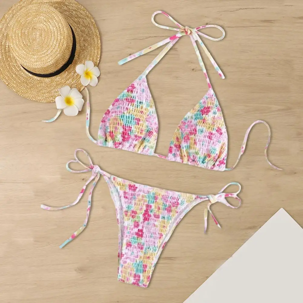 2 Pcs Women Swimsuit Set Micro Bikini Pink Floral Print Pleate Tie Side Triangle Bikini Set Bathing Suit Swimsuits Women 2024