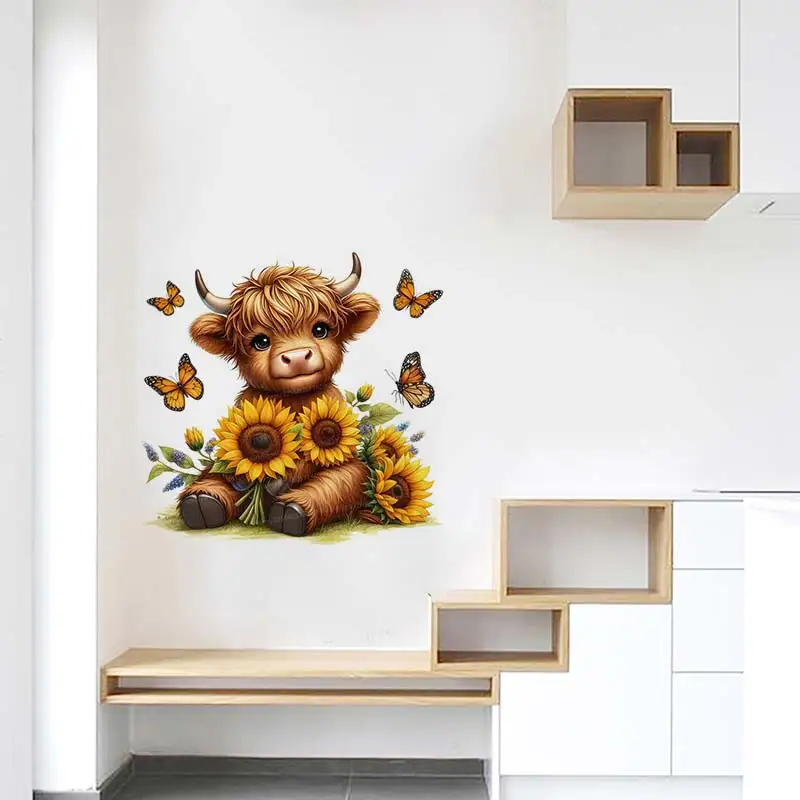 Highland Cow with Sunflowers Wall Sticker Bathroom Toilet Decor Living Room Cabinet Refrigerator Home Decoration Decals S407