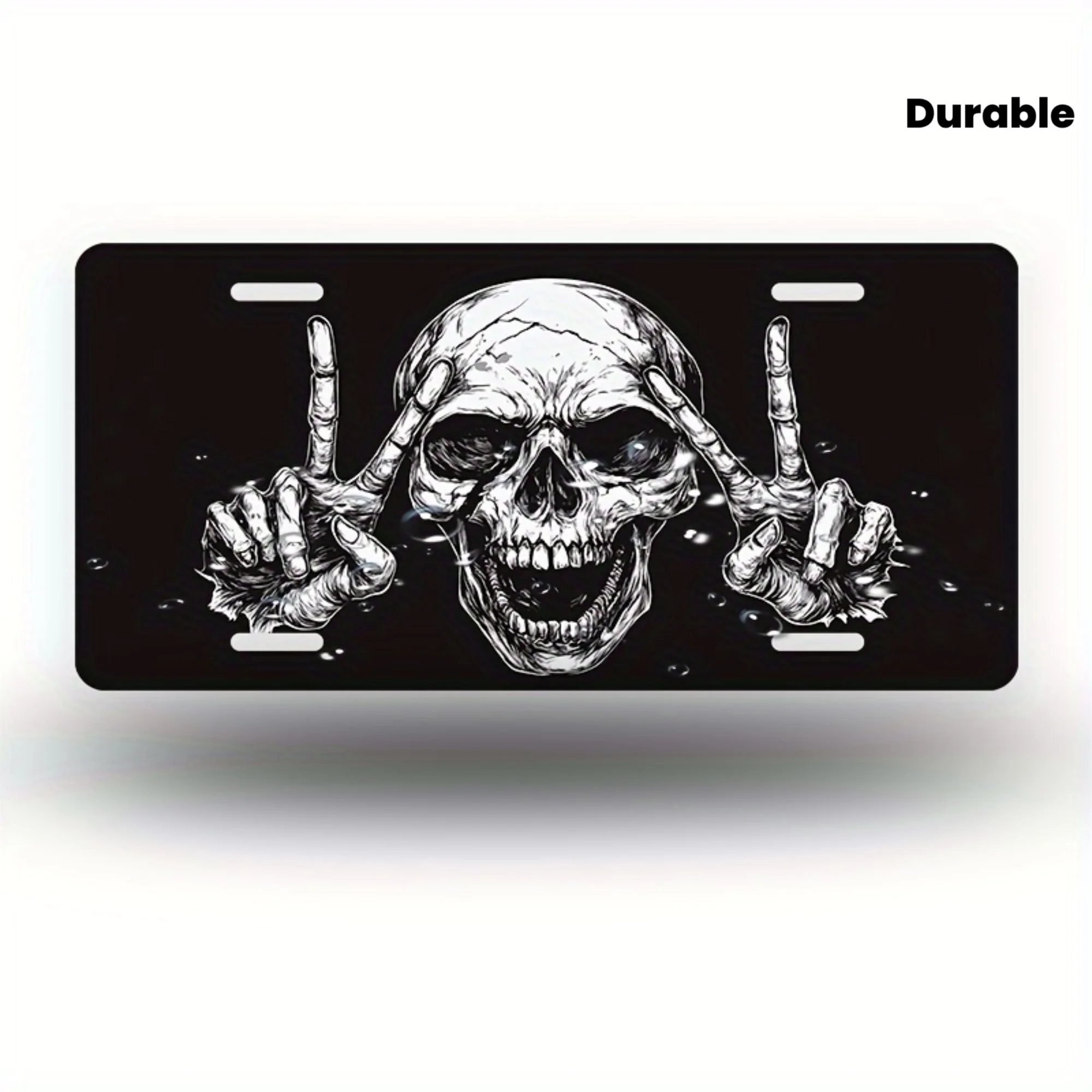 2D Flat, Rock Style Skull Hand Gesture Plaque Car Front Plate, Polished with Black and White Skull Peace Sign