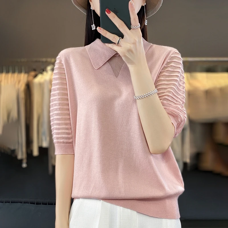 

Summer New Short-sleeved Women T-shirt Polo Collar Wool Organza Hollow-out Tees Pullover Casual Knitted Base Soft Breath Top