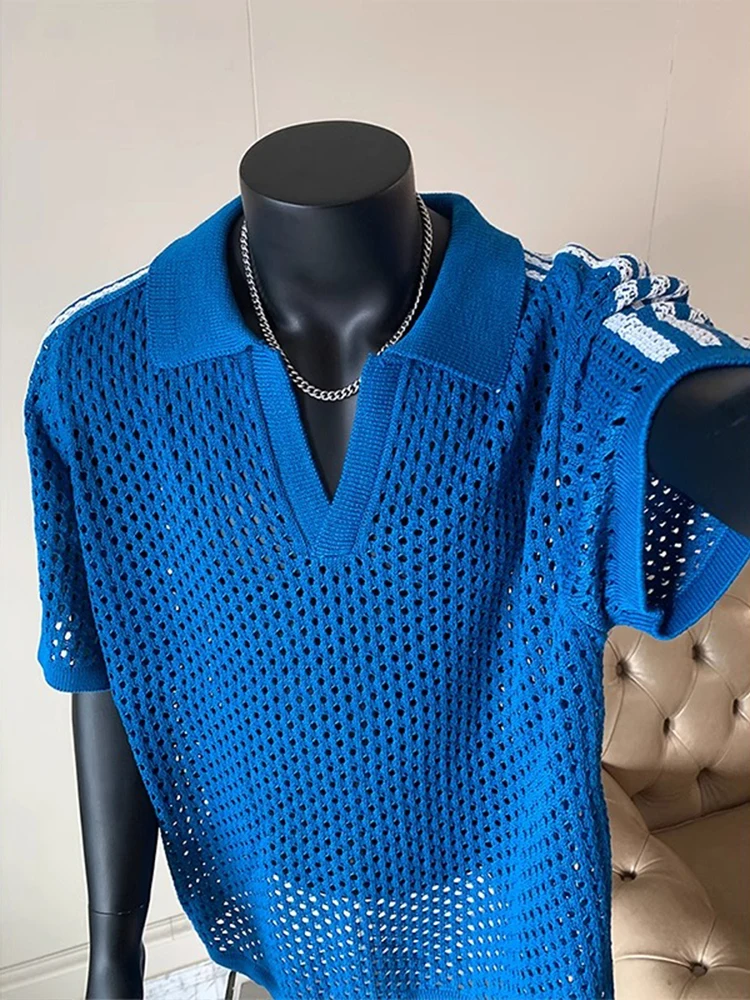 

Вязаная мужская футболка с коротким рукавом, повседневная, свободного кроя, с воротником, дышащая, быстросохнущая, летняя, модная, молодежная