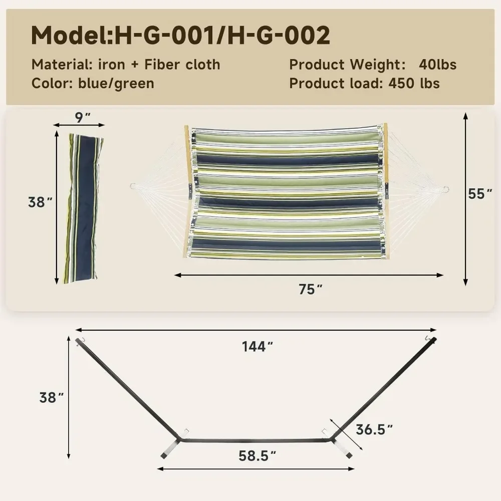 Hamac double avec support, lit-balançoire robuste avec support en acier portable, grand hamac à rayures vertes avec oreiller pour l'extérieur