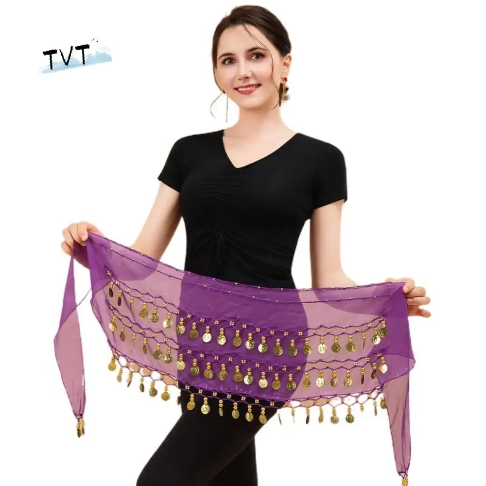 Goldfarbene Münzen, Bauchtanz-Hüfttuch, drei Schichten, Chiffon-Material, Hüfttuch, verstellbar, einfach zu tragen, tanzender Taillengürtel