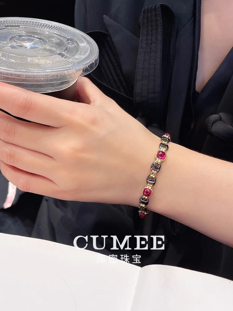 CUMEE Vintage Barlow Style Exquisite Cultivation Synthetic Ruby Candy Tower Bracelet 925 Silver Gold Plating