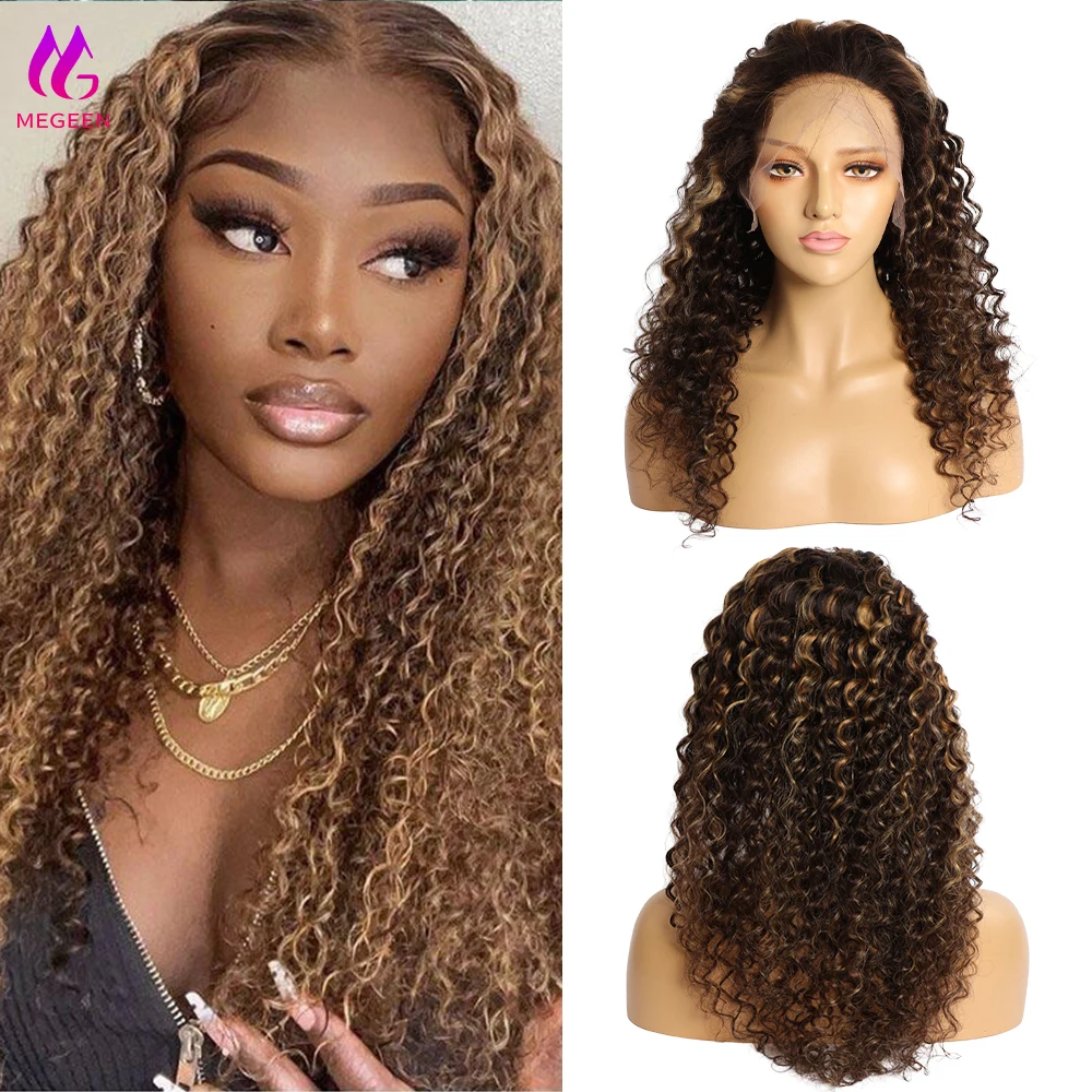 شعر مستعار من Megeen بدانتيل أمامي مجعد ، شعر مستعار بدانتيل أمامي شفاف عالي الدقة ، شعر بشري بشعر طفل ، شعر بكر ، موجة عميقة ، 13 × 4 ، P4 ، 27