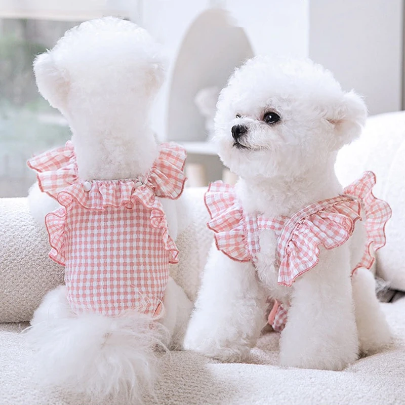 Pink Lattice Summer Fancy Dress Flounce Female Sexy Vest Skirt for French Bulldog Anti Harassment Pet Cat Clothes Puppy Overalls