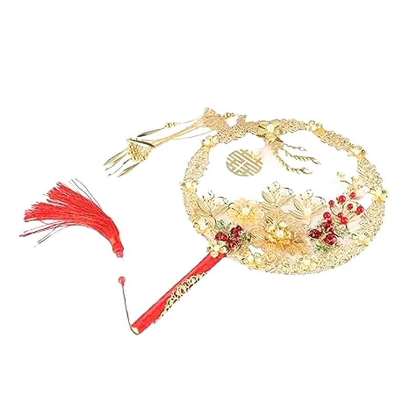 Chinese Vintage Round Fans, Phoenix Shaped Alloy Fan, Gold Flower Hand Holding Fan With Tassel, Wedding Bride Group Fan Durable